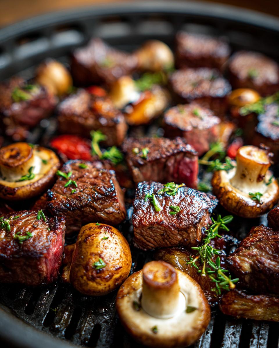 Close-up of juicy air fryer steak bites and whole mushrooms seasoned with herbs.