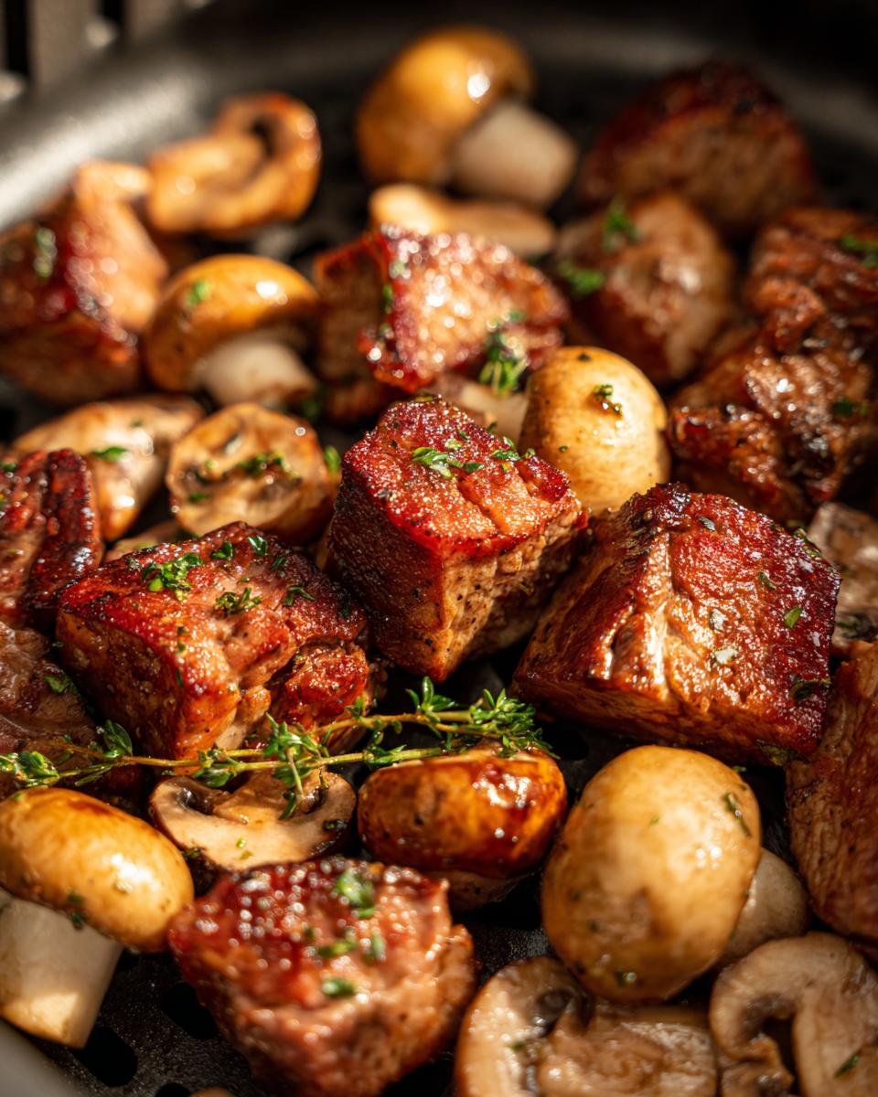 Close-up of air fryer steak bites and mushrooms, seasoned and garnished with fresh herbs.