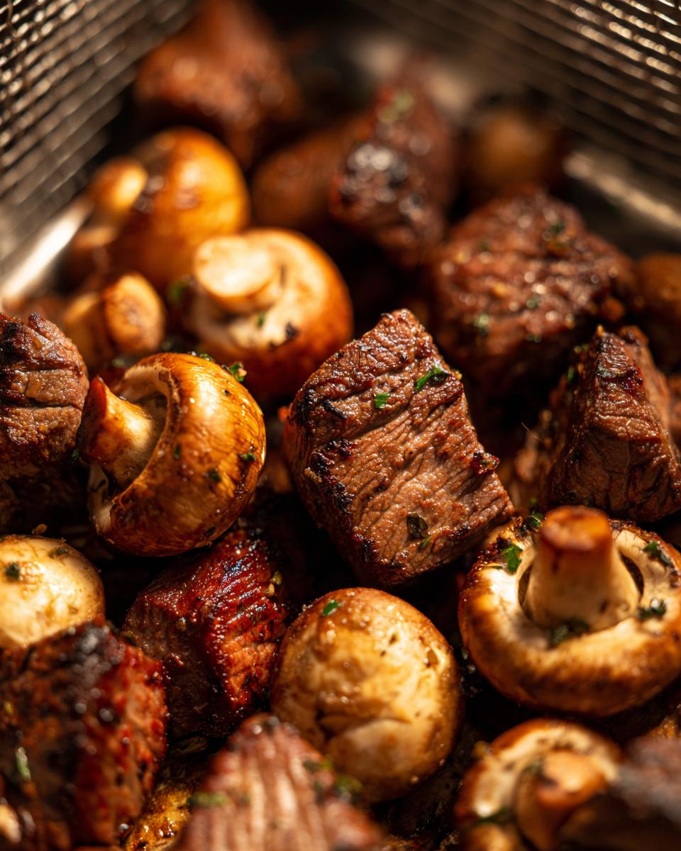 Close-up of juicy air fryer steak bites and whole mushrooms seasoned with herbs, cooked in one basket.