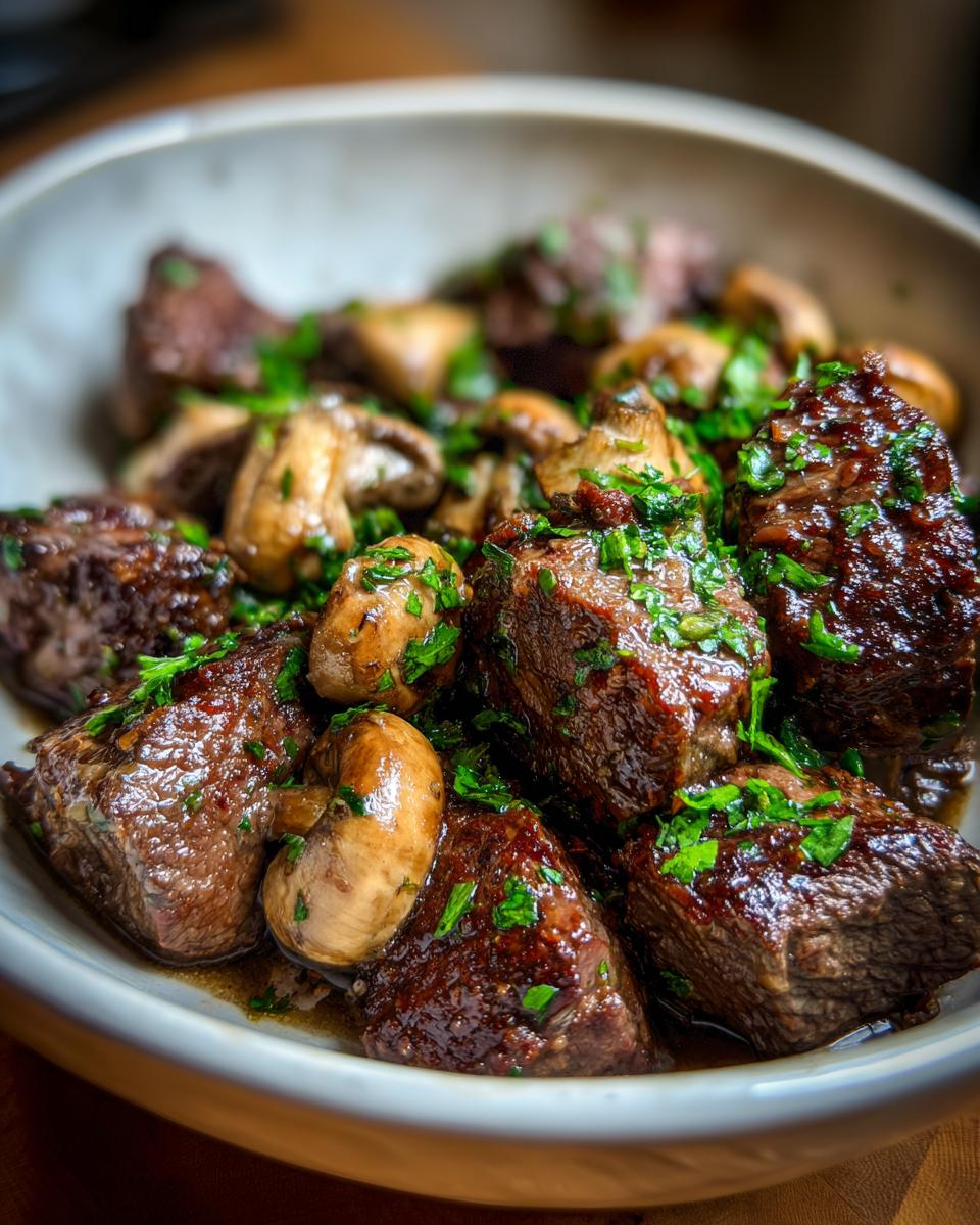 Close-up of air fryer steak bites and mushrooms in a bowl, garnished with fresh parsley.