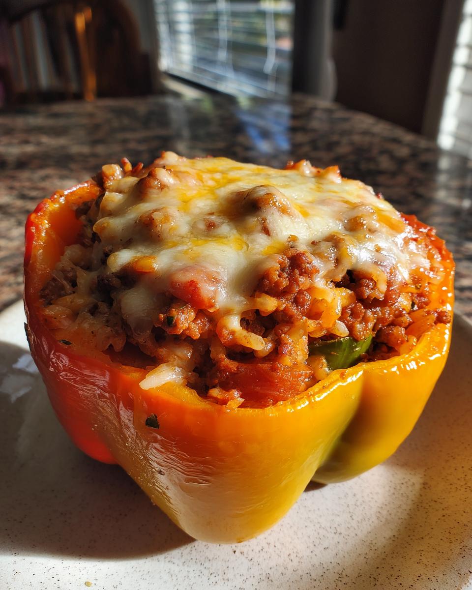 A close-up of a yellow bell pepper stuffed with a savory meat and rice mixture, topped with melted cheese, ready for air frying.