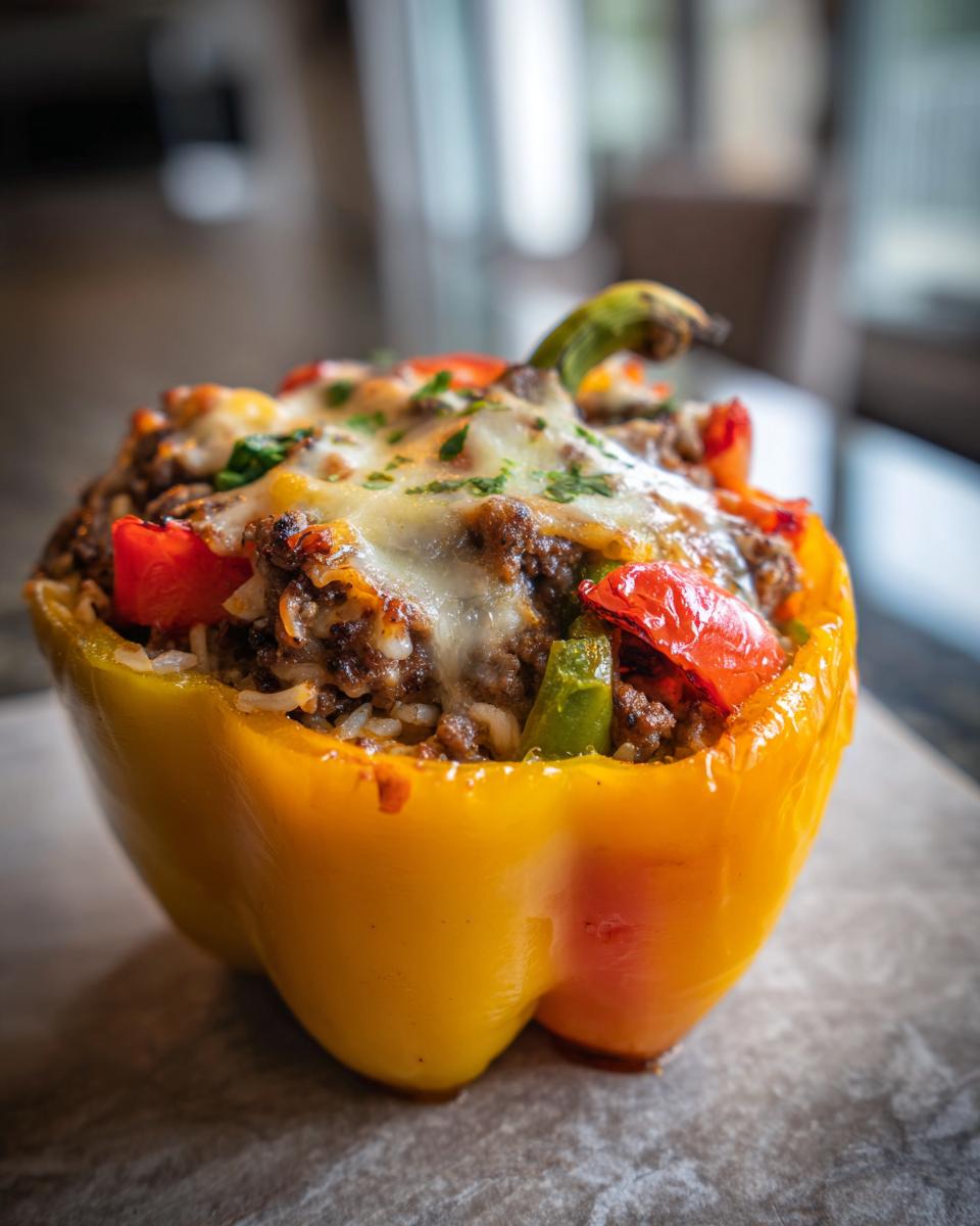 A close-up of a yellow bell pepper stuffed with a savory meat and rice mixture, topped with melted cheese and fresh herbs.
