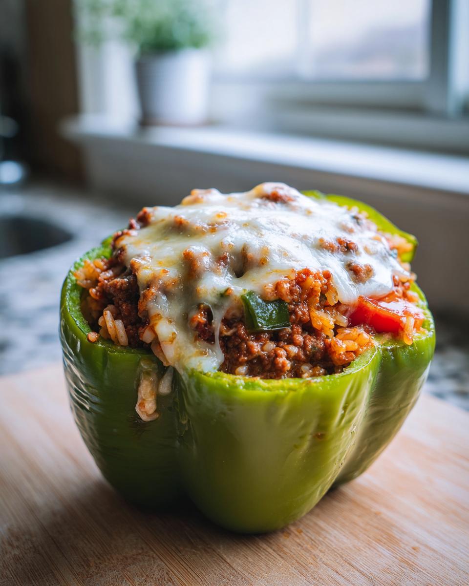 A single green bell pepper stuffed with a savory mixture of ground meat, rice, and vegetables, topped with melted cheese, ready for air frying.