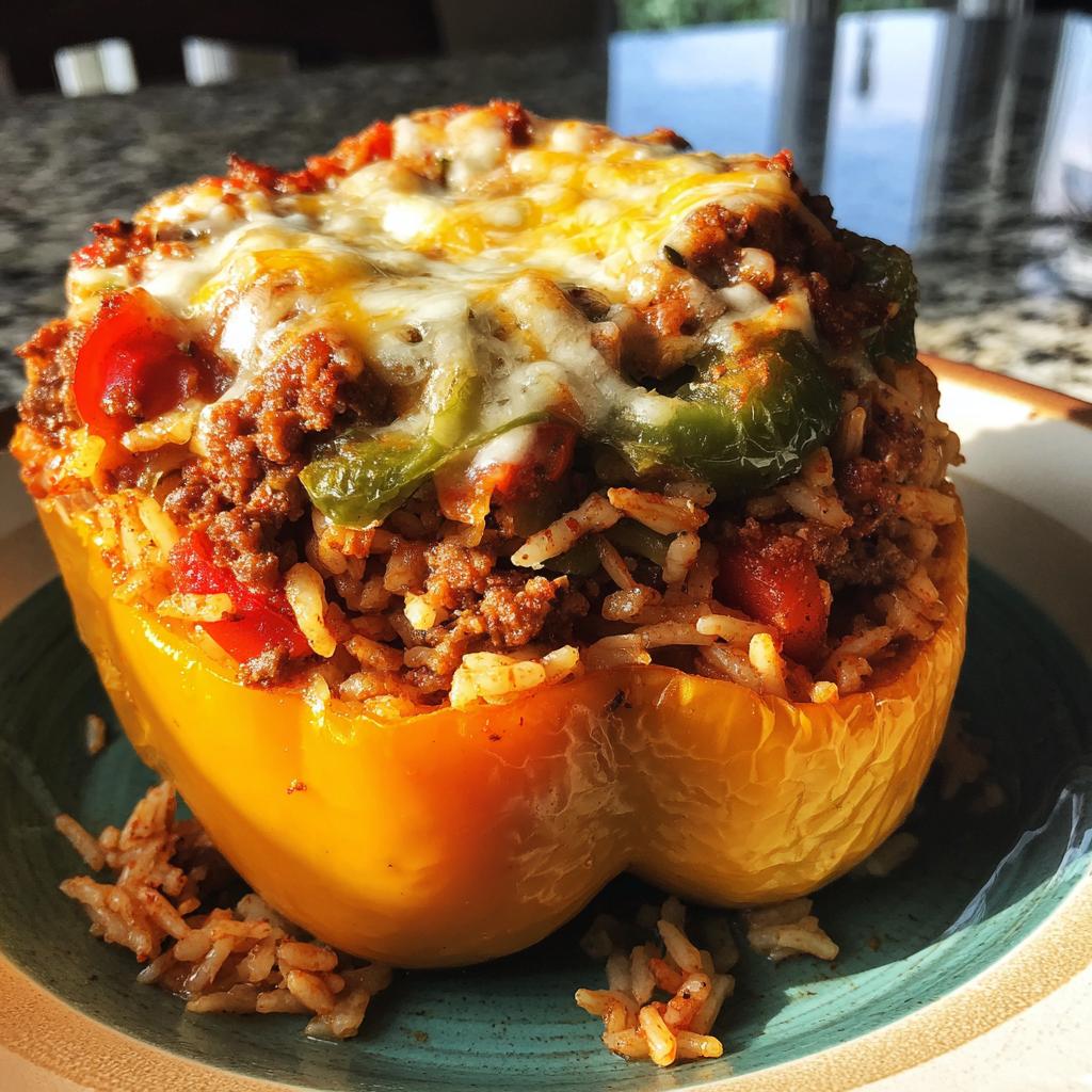 A close-up of a yellow bell pepper stuffed with ground meat, rice, and vegetables, topped with melted cheese, from air fryer recipes.