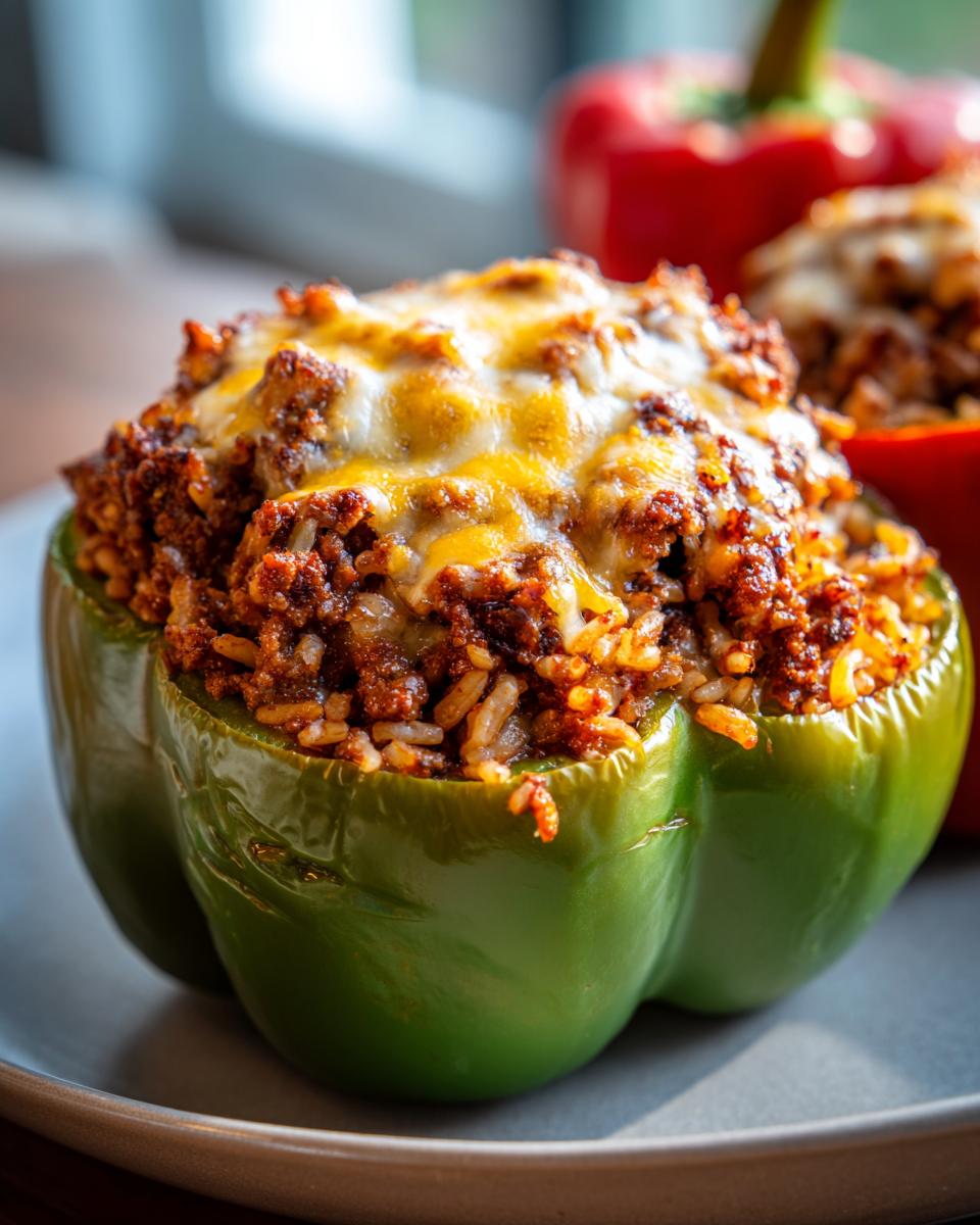 A close-up of a green bell pepper stuffed with seasoned ground meat and rice, topped with melted cheese, ready for an air fryer recipe.