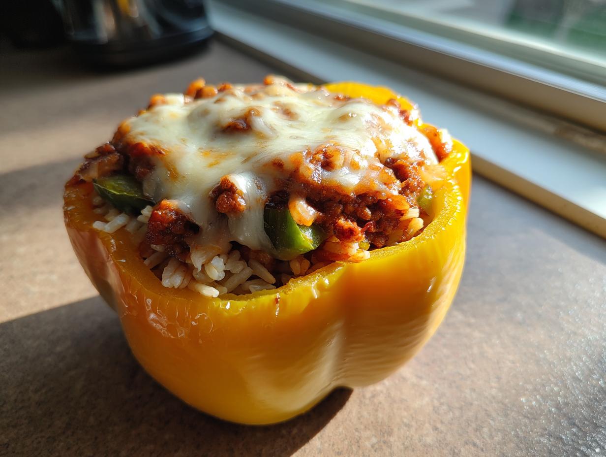 A close-up of a yellow bell pepper stuffed with rice, ground meat, and green peppers, topped with melted cheese.