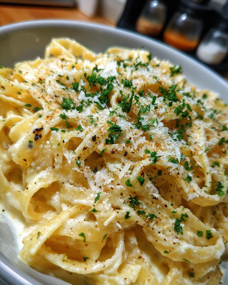 Close-up of fettuccine pasta coated in creamy Alfredo sauce, topped with grated Parmesan and parsley.