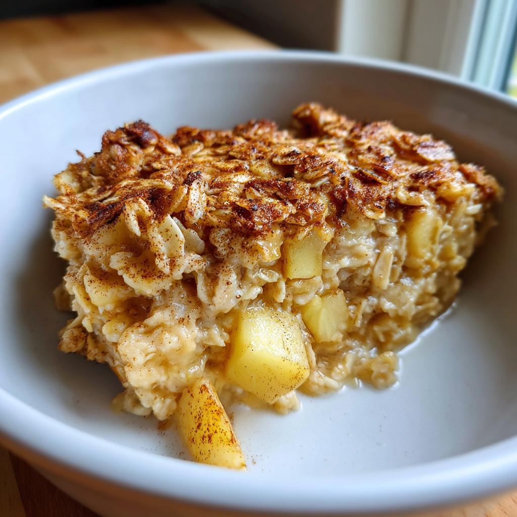 A close-up of a delicious slice of apple cinnamon baked oatmeal in a white bowl, topped with cinnamon.