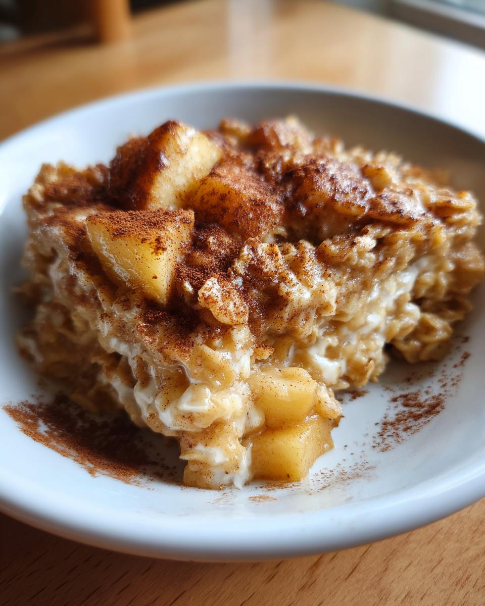 A close-up of a slice of apple cinnamon baked oatmeal in a white bowl, dusted with cinnamon.