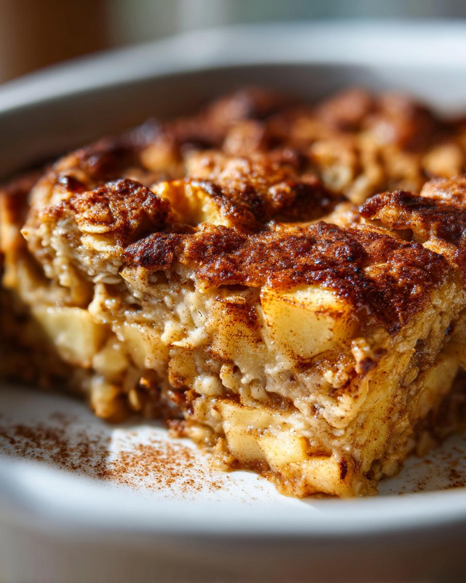 A close-up shot of a slice of delicious apple cinnamon baked oatmeal, showcasing chunks of apple and a cinnamon-spiced topping.