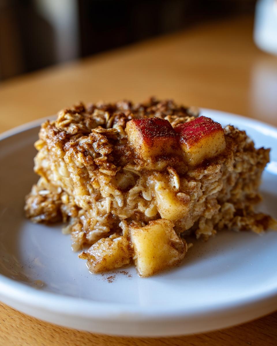 A close-up of a slice of apple cinnamon baked oatmeal, topped with diced apples and cinnamon.