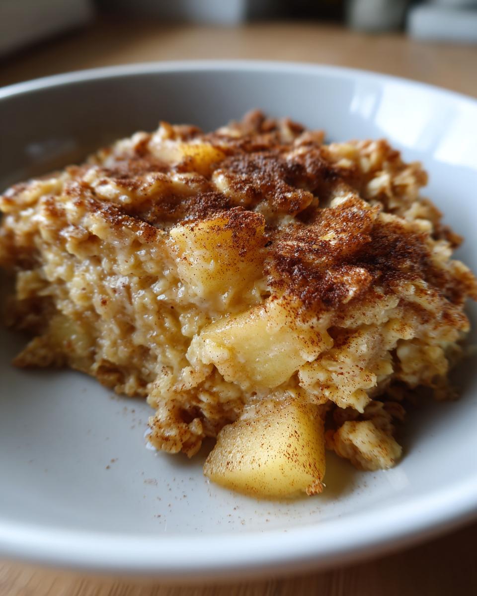 A close-up of a serving of apple cinnamon baked oatmeal, topped with cinnamon.