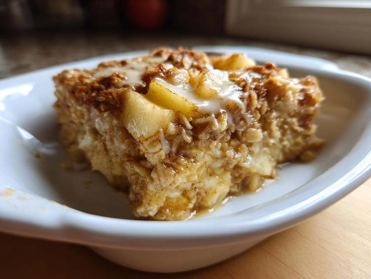 A close-up of a delicious slice of apple cinnamon baked oatmeal with a drizzle of glaze.