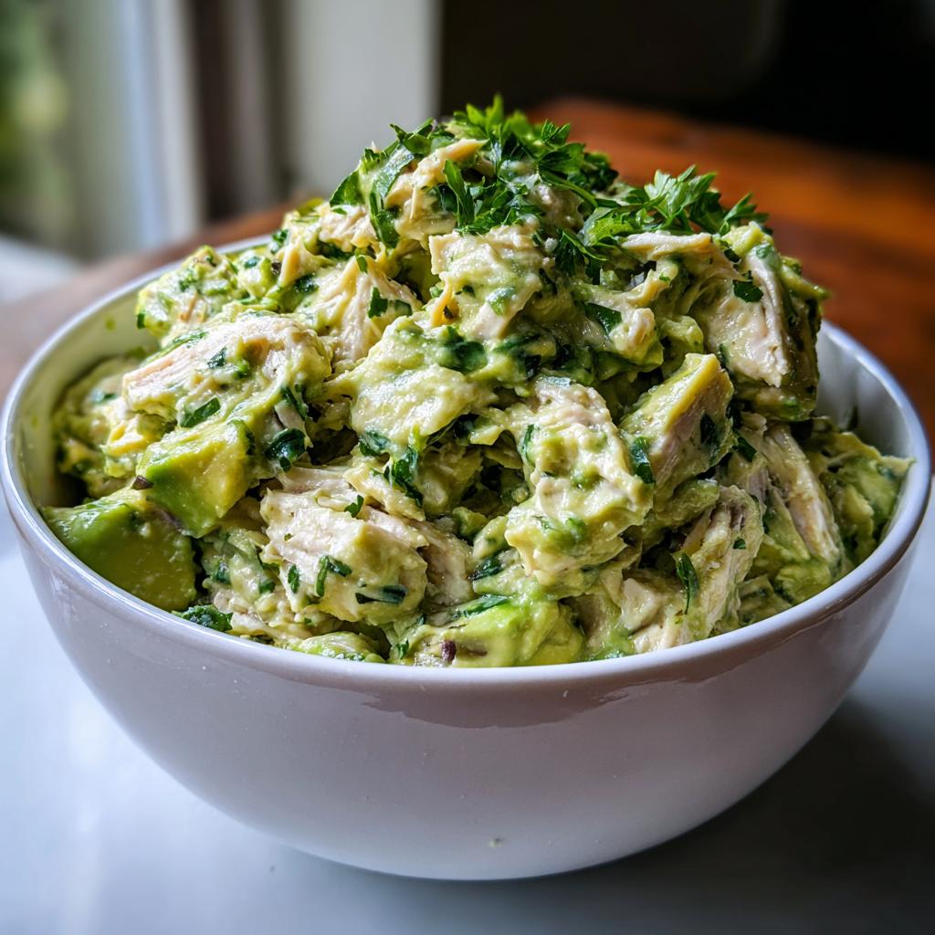 A bowl of creamy avocado tuna salad topped with fresh parsley, perfect for healthy lunch ideas.