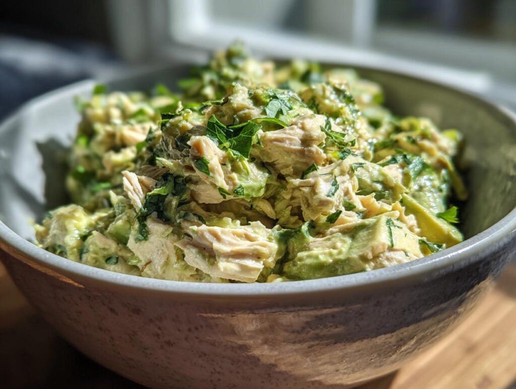Close-up of creamy avocado tuna salad with fresh parsley, perfect for healthy lunch ideas.