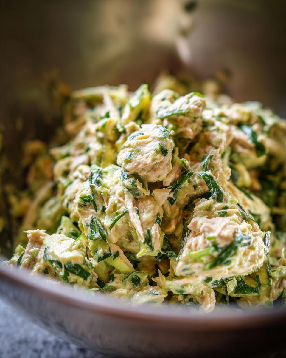 Close-up of creamy avocado tuna salad mixed with chopped green herbs and cucumber in a metal bowl.