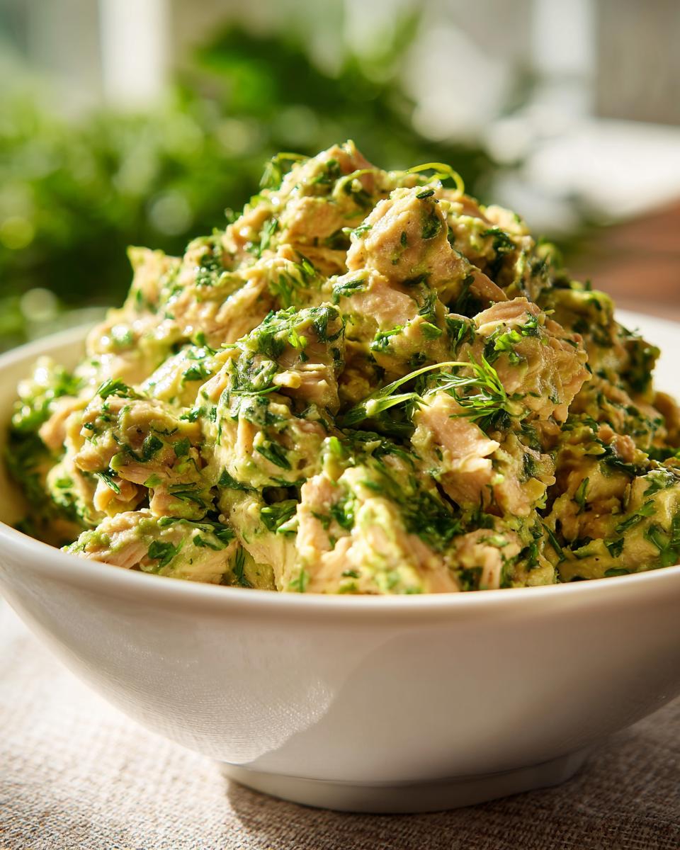A bowl of creamy avocado tuna salad mixed with fresh green herbs, perfect for healthy lunch ideas.