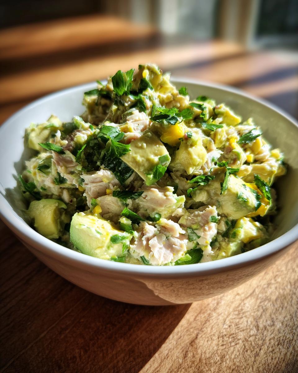 A bowl of creamy avocado tuna salad with fresh parsley and corn, perfect for healthy lunch ideas.