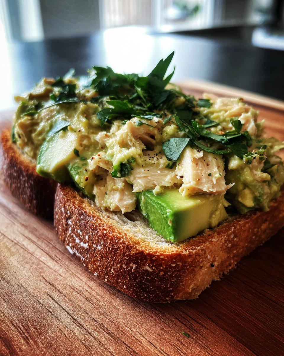 Close-up of avocado tuna salad piled high on a slice of toasted bread, garnished with fresh parsley.