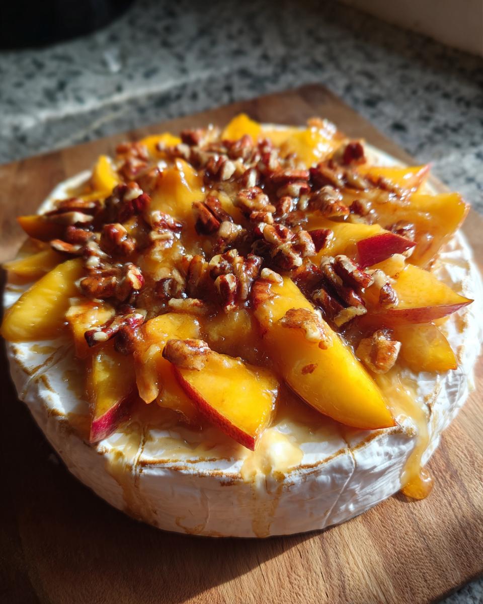 Close-up of baked brie topped with sliced peaches, toasted pecans, and a drizzle of honey.