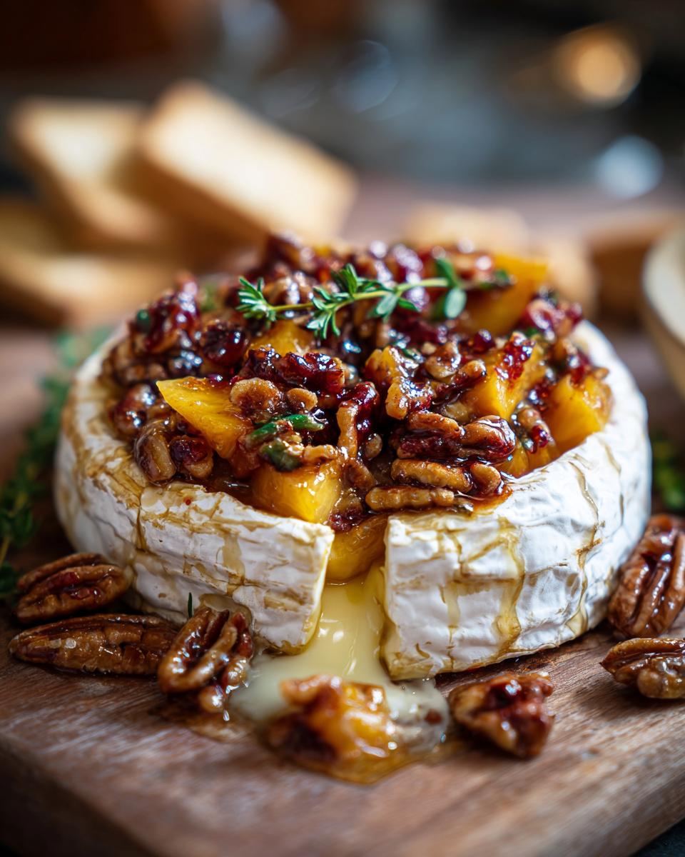 Melted baked brie topped with peaches and toasted pecans, drizzled with honey, part of peach recipes with baked brie.
