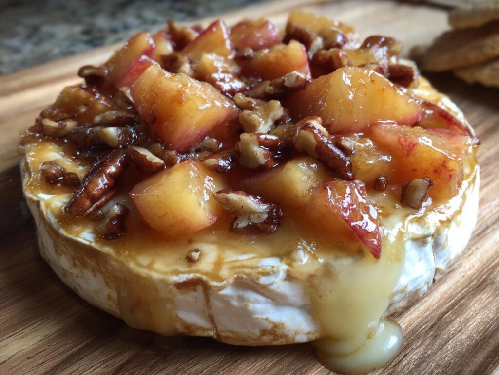 Close-up of baked brie topped with warm peaches and toasted pecans, with melted cheese oozing out.