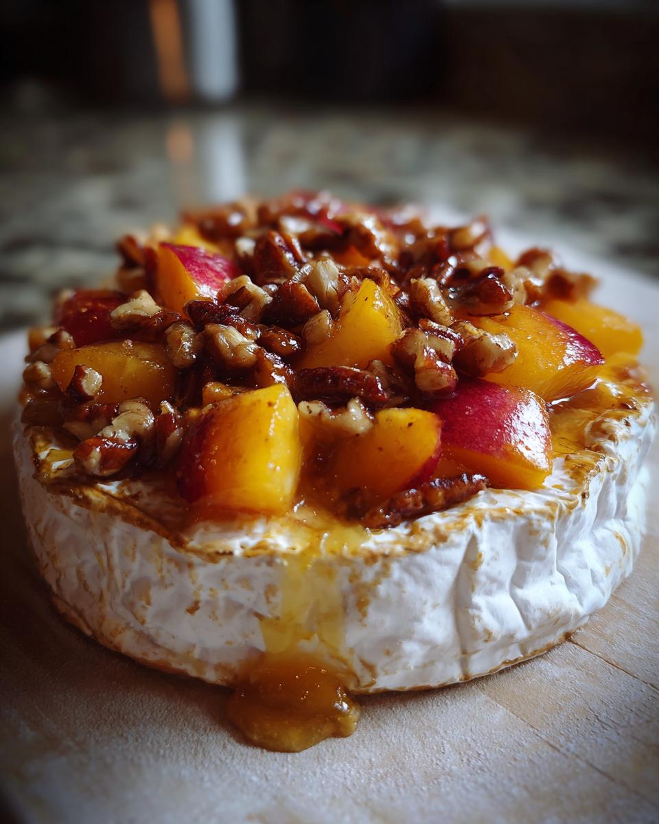 Close-up of baked brie topped with fresh peaches and toasted pecans, drizzled with honey.