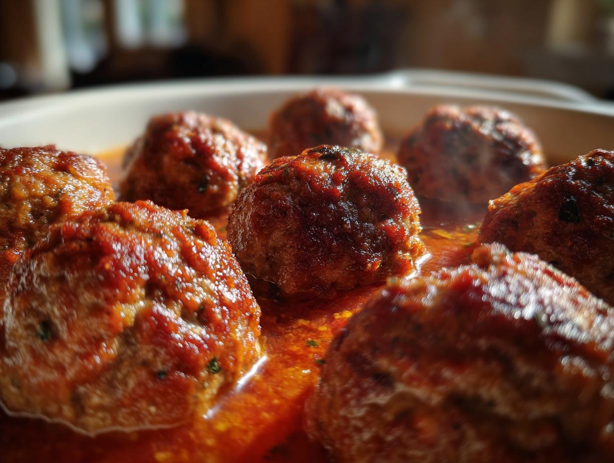 Close-up of juicy baked meatballs simmering in a rich tomato sauce, perfect for easy dinner recipes.