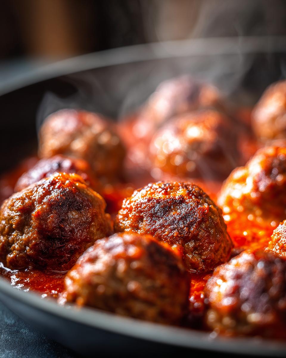 Close-up of steaming baked meatballs in a rich tomato sauce, perfect for easy dinner recipes.