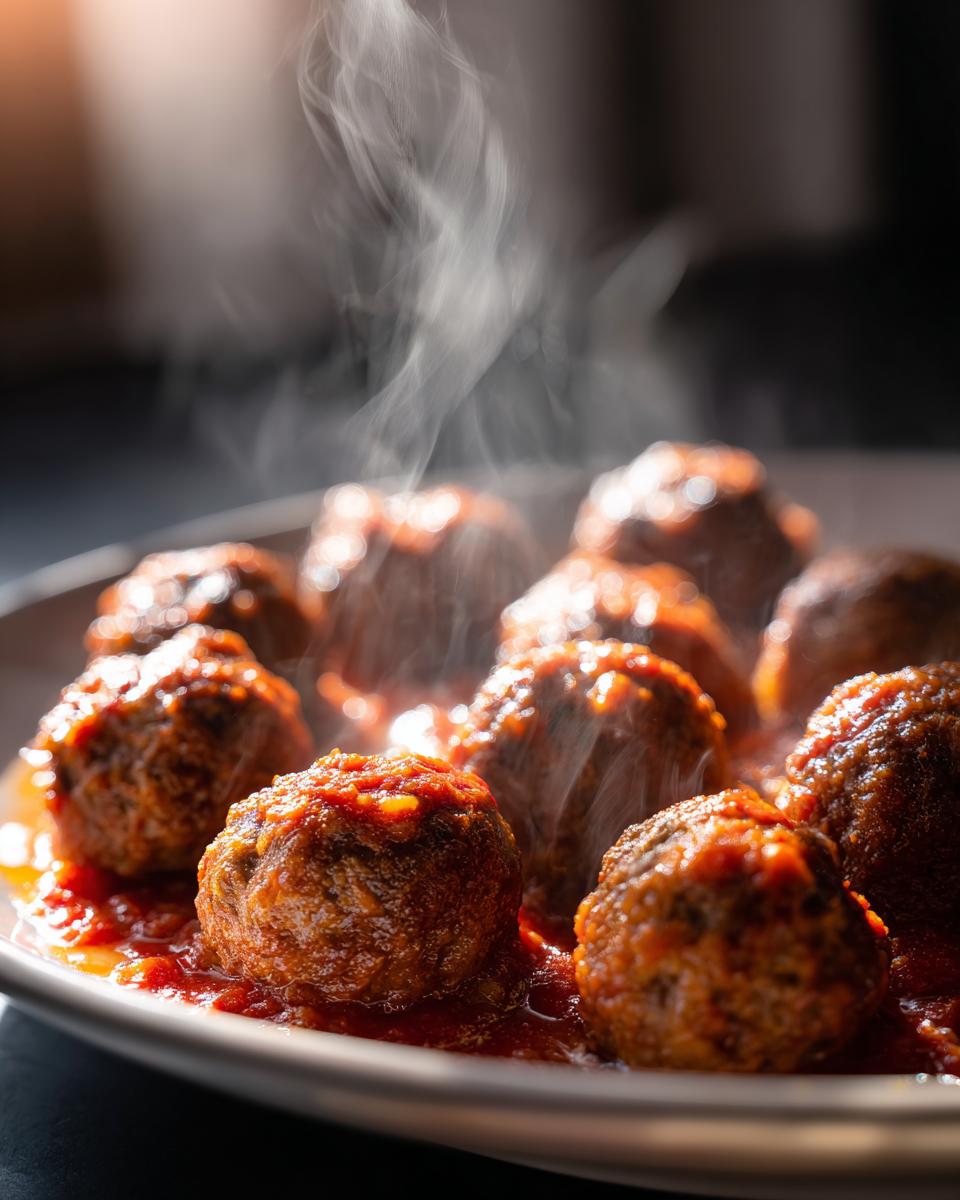 A close-up shot of steaming baked meatballs in a rich tomato sauce, perfect for easy dinner recipes.