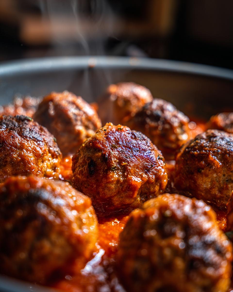 Close-up of juicy baked meatballs simmering in a rich tomato sauce, perfect for easy dinner recipes.