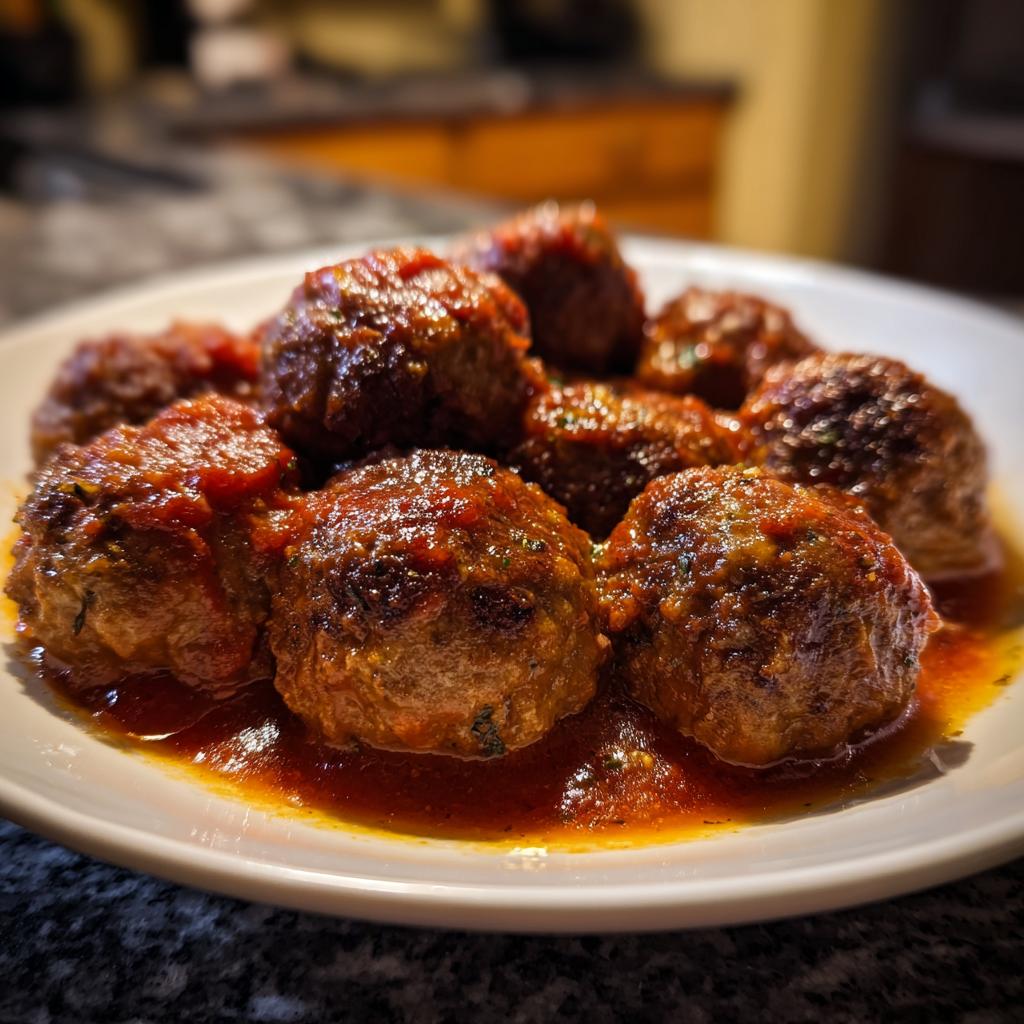 A plate of delicious baked meatballs coated in a rich tomato sauce, perfect for easy dinner recipes.