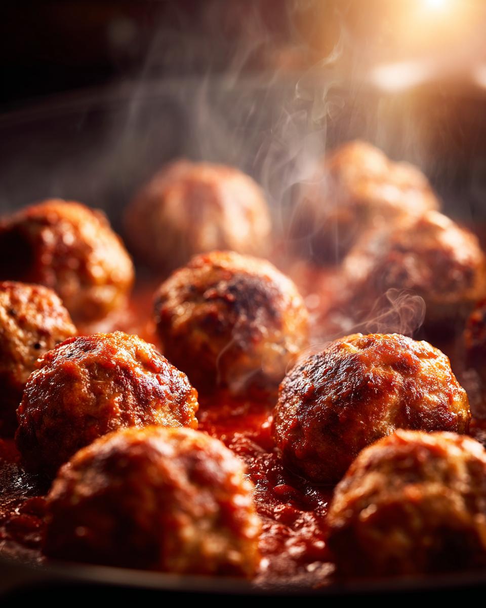 Close-up of steaming baked meatballs in a rich tomato sauce, perfect for easy dinner recipes.