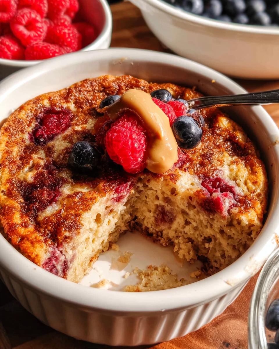 A fluffy baked protein bowl with raspberries, blueberries, and a dollop of peanut butter, showing a spoonful taken out.