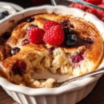 A fluffy baked protein bowl with raspberries and blueberries, a fork is in the bowl.