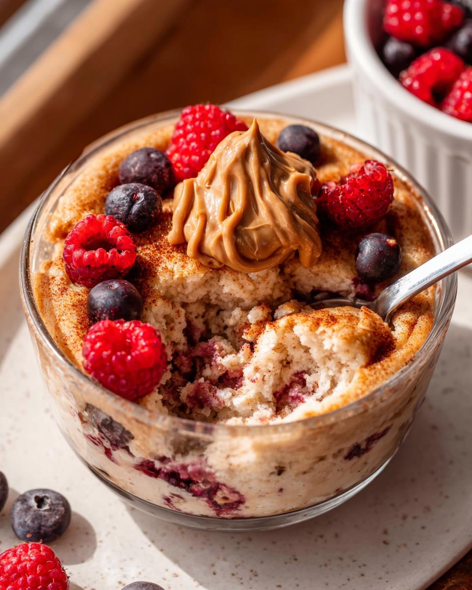 A close-up of a fluffy baked protein bowl with raspberries, blueberries, and a dollop of peanut butter.