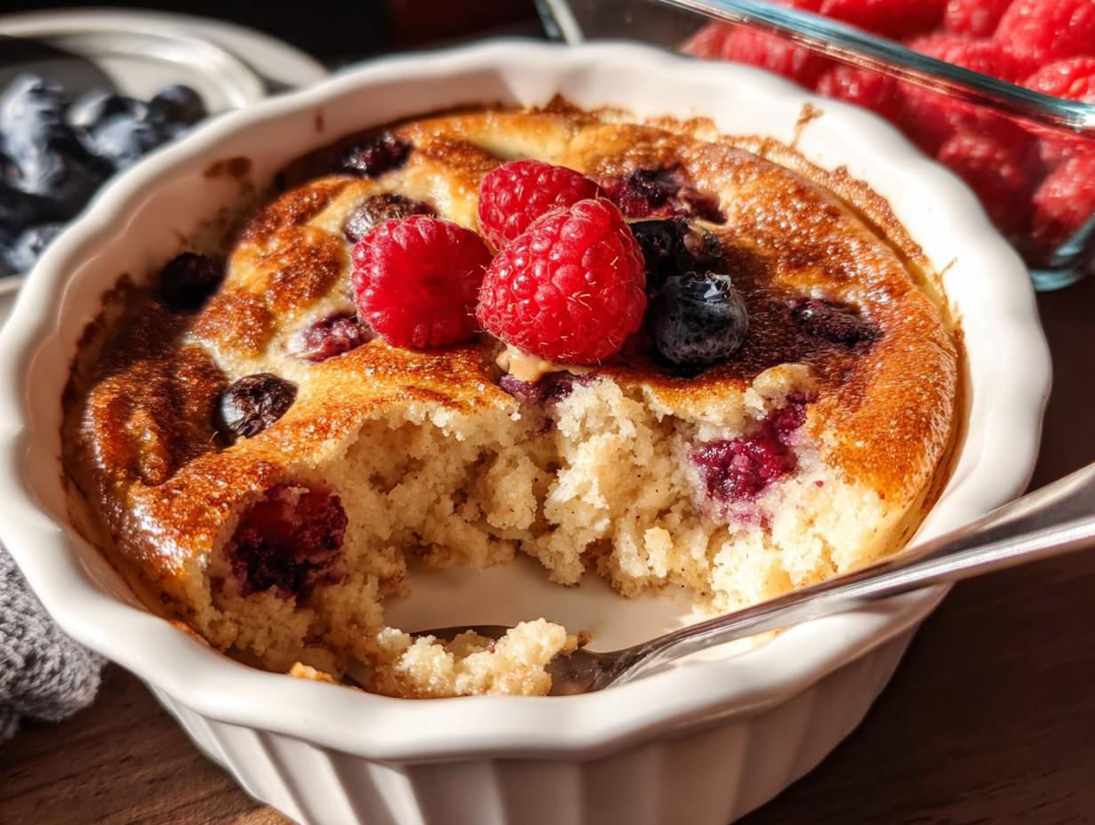 A fluffy baked protein bowl with raspberries and blueberries, a fork is in the bowl.