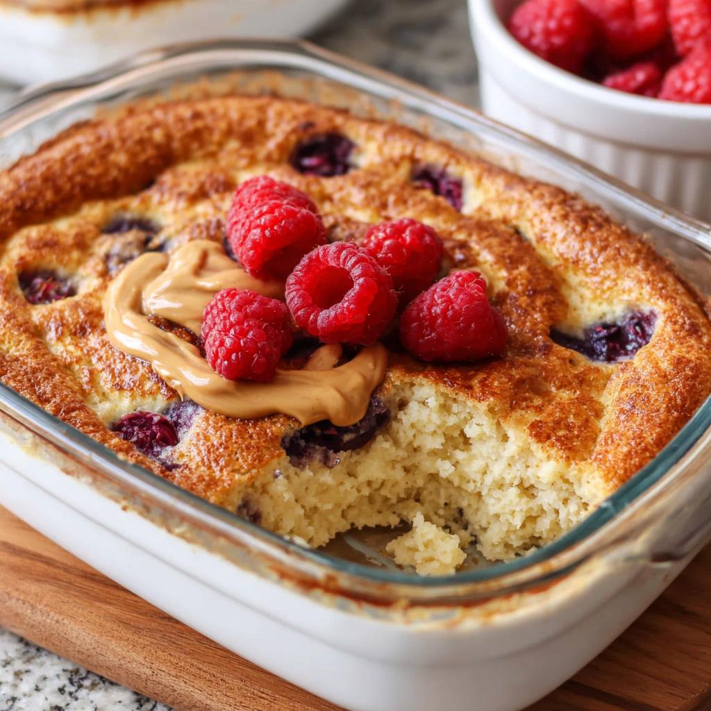 A fluffy baked protein bowl with raspberries and a dollop of peanut butter, showing its airy texture.