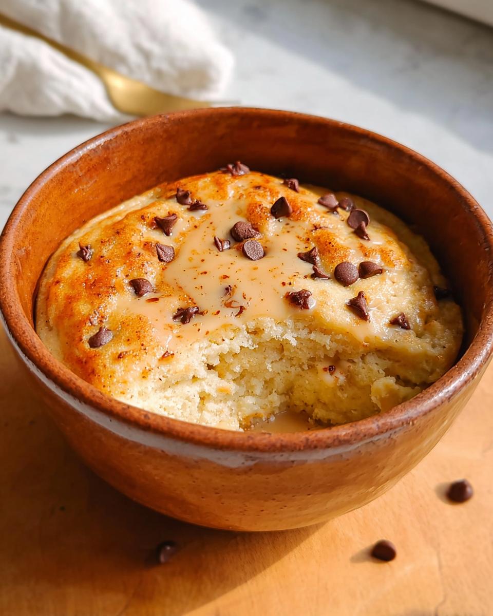 Close-up of a baked protein pancake bowl topped with melted sauce and chocolate chips, with a bite taken out.