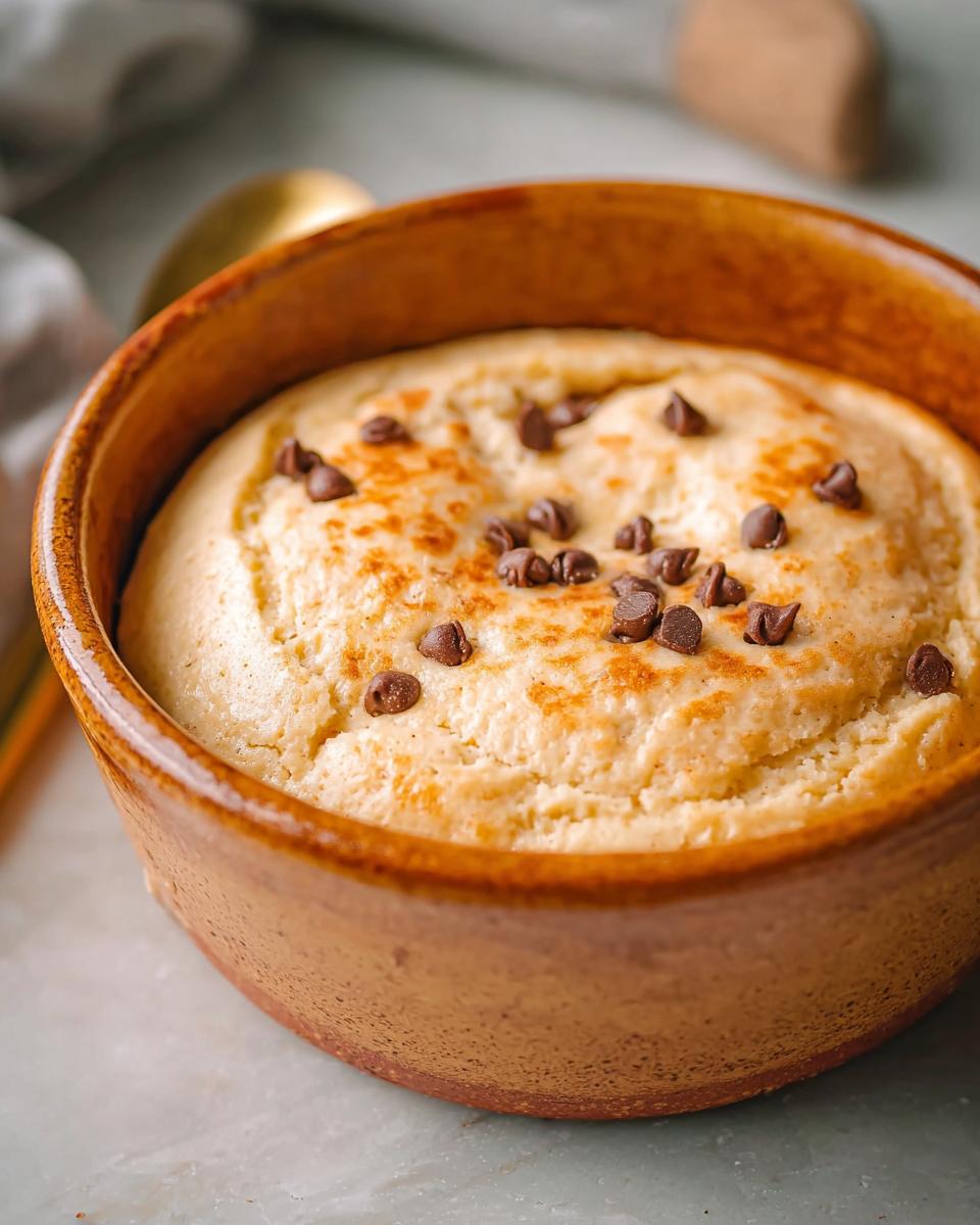 A close-up of a baked protein pancake bowl topped with chocolate chips, ready to be enjoyed.