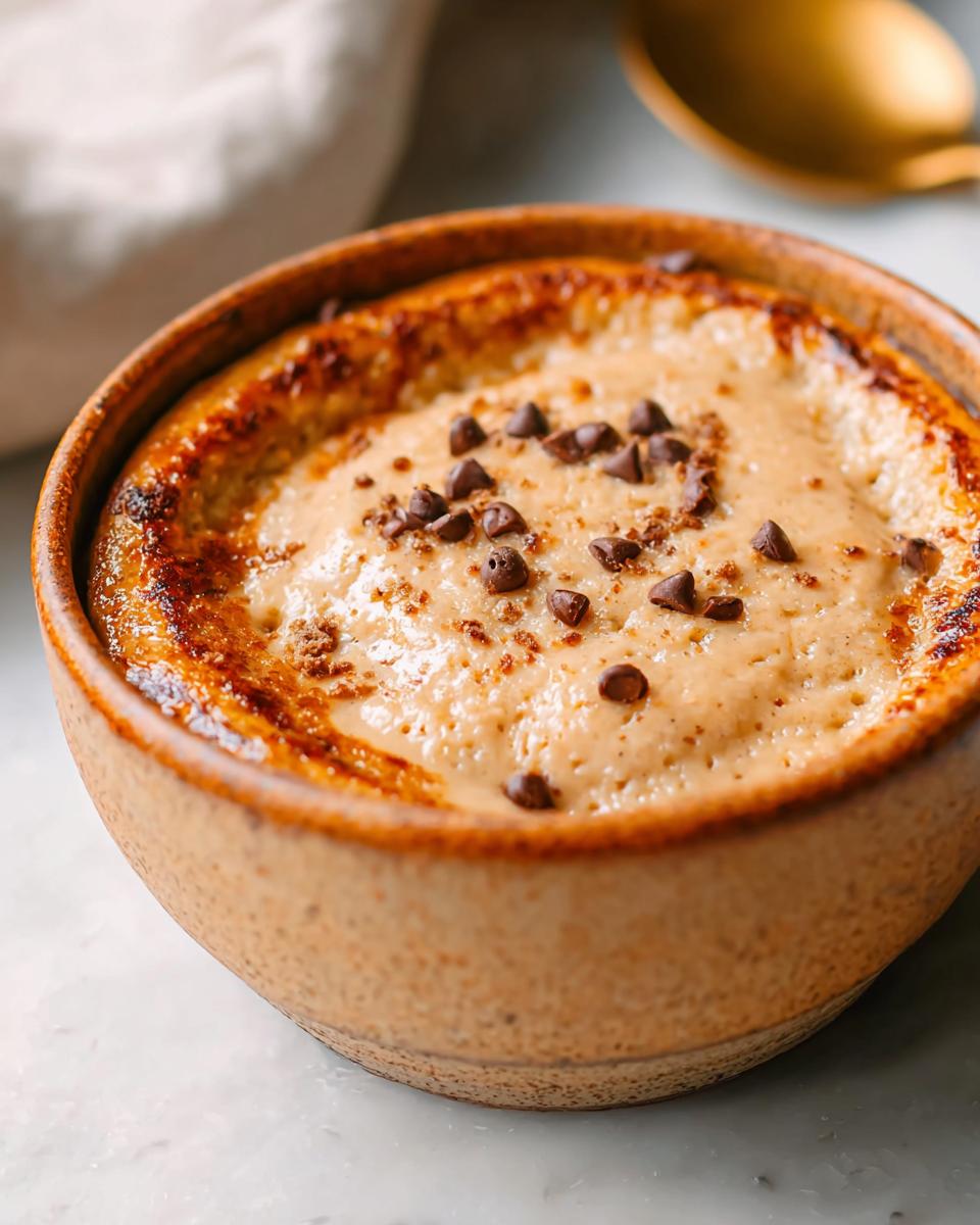 A close-up of a baked protein pancake bowl topped with chocolate chips and a sprinkle of cinnamon.