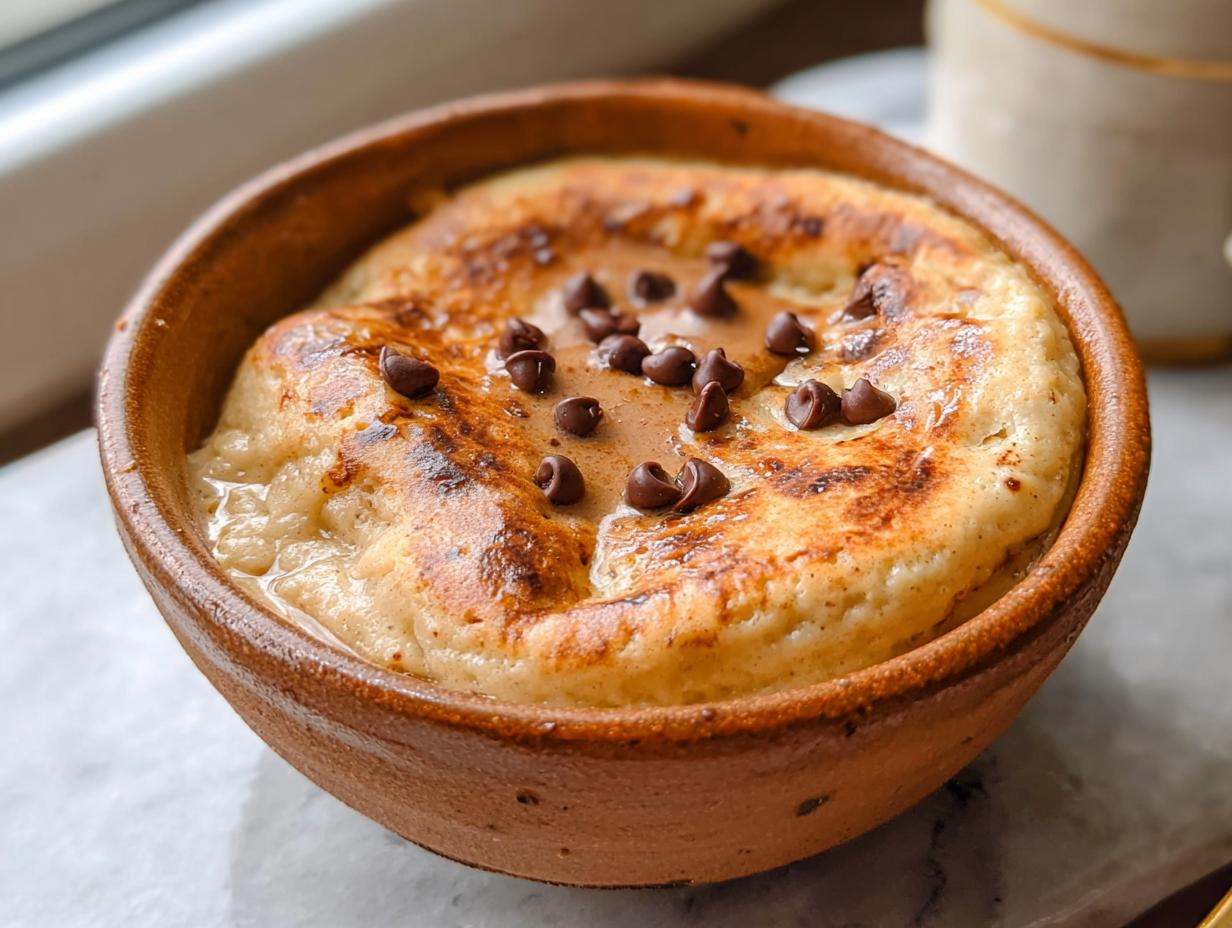 A close-up of a baked protein pancake bowl topped with chocolate chips and a drizzle of syrup.