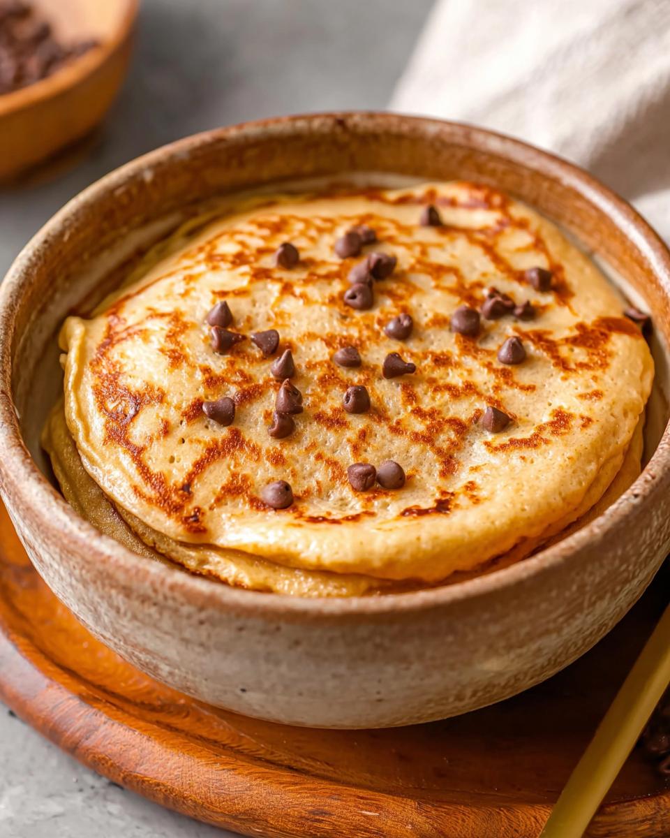 A bowl filled with stacked baked protein pancake bowls topped with mini chocolate chips.