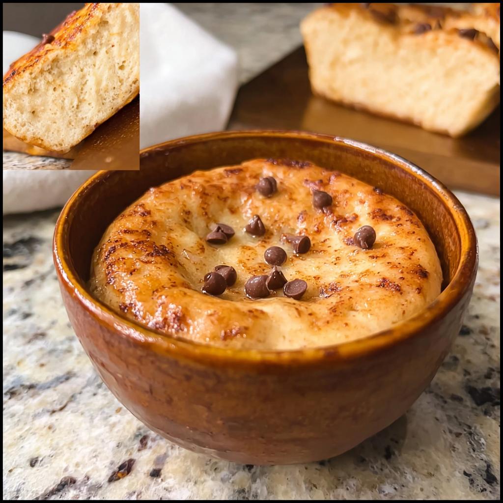 A single serving of baked protein pancake bowls topped with chocolate chips in a rustic bowl.