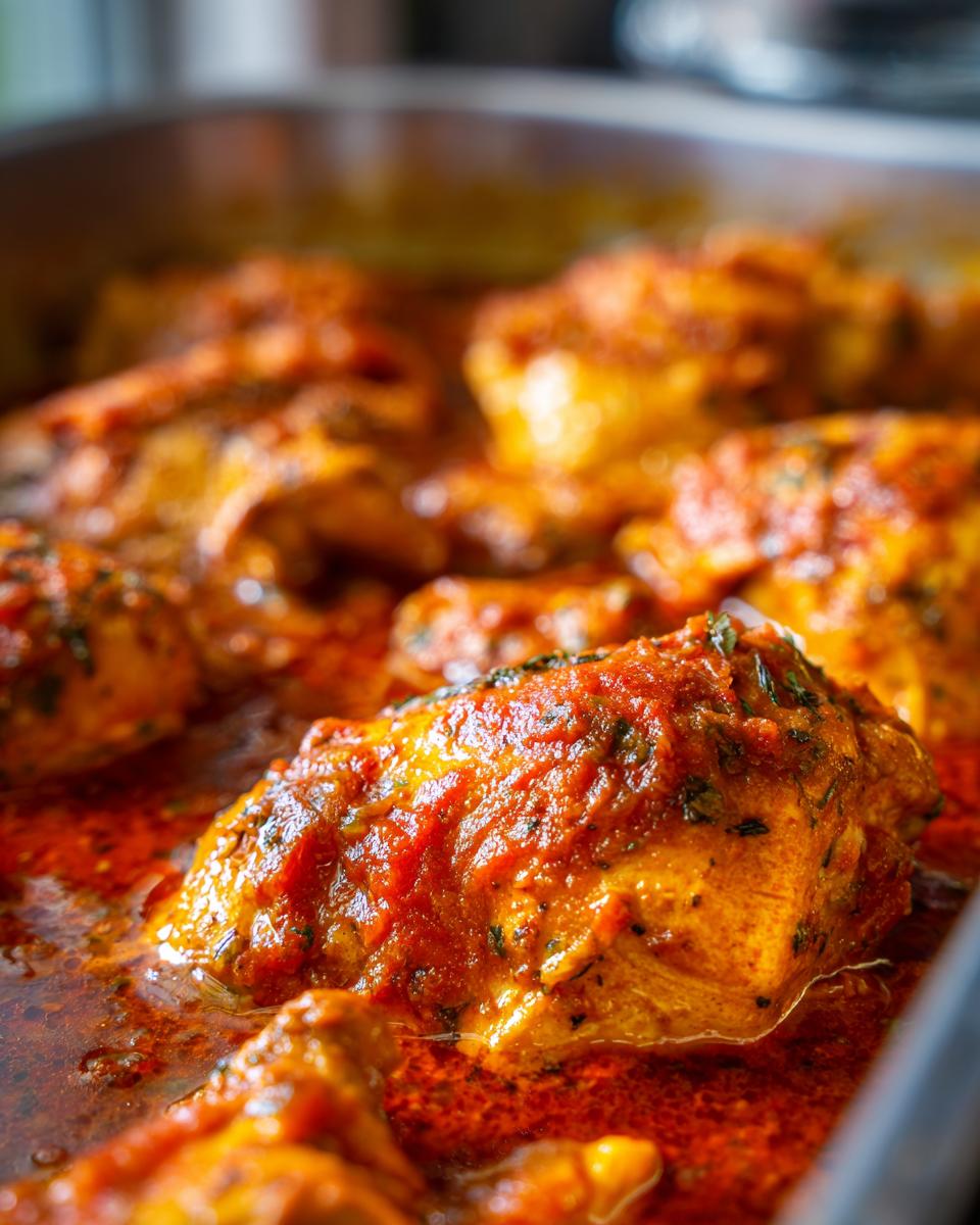 Close-up of tender chicken breast pieces baked in a rich, red salsa sauce, perfect for busy nights.