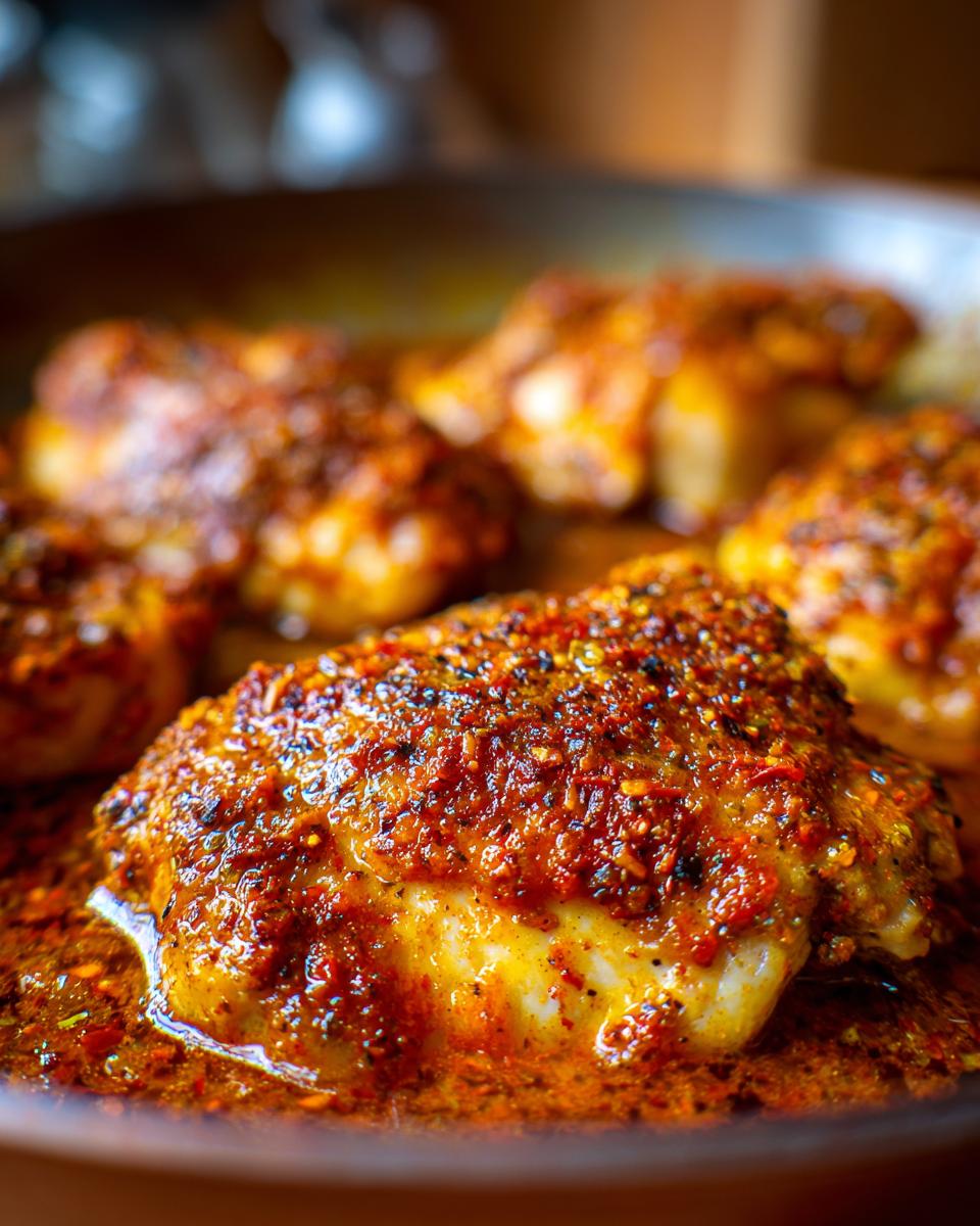 Close-up of juicy baked salsa chicken breast in a pan, coated in a flavorful spice blend.