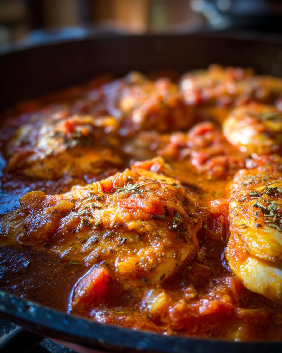 Close-up of baked salsa chicken breasts simmering in a cast-iron skillet with a rich tomato sauce and herbs.