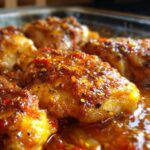Close-up of juicy baked salsa chicken breast pieces in a baking dish, coated in a flavorful sauce.