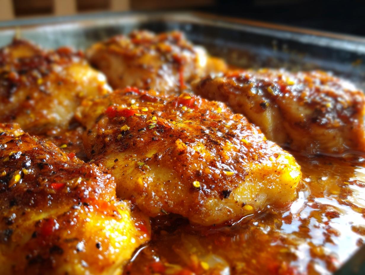 Close-up of juicy baked salsa chicken breast pieces in a baking dish, coated in a flavorful sauce.