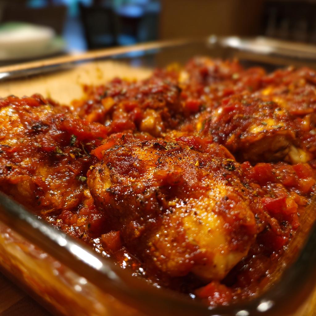 Close-up of baked salsa chicken breast in a glass baking dish, covered in rich tomato sauce and herbs.